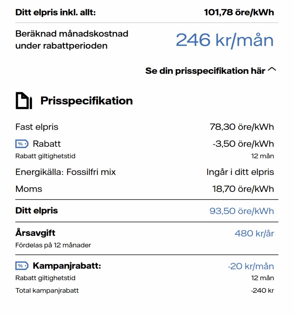 vattenfall prisexempel fast elpris