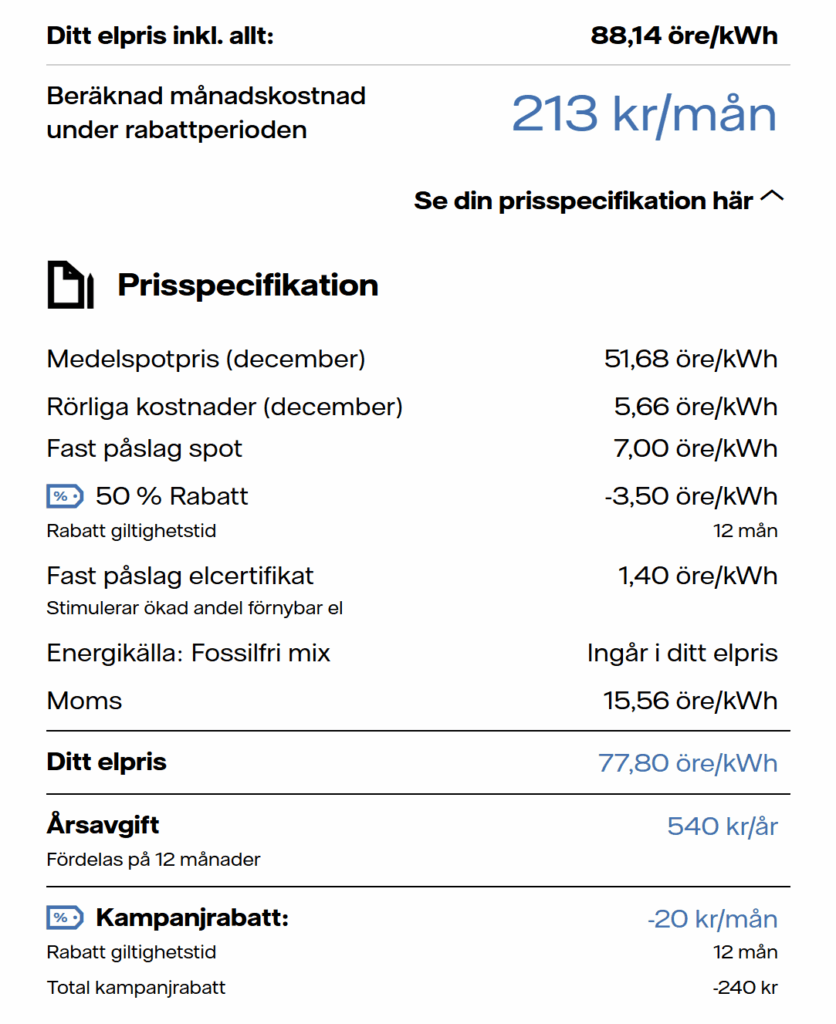 vattenfall prisexempel rörligt elpris